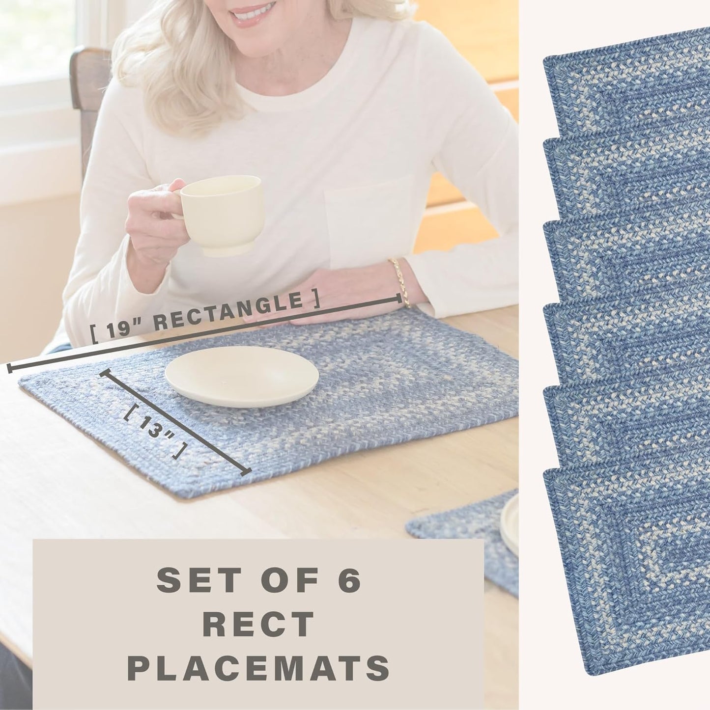 Homespice Denim Dining Placemats, Country Coastal Decor, Set of 6, Blue - 13x19 Rectangle Table Mats - Vibrant Colors, Durable, Easy to Clean and Protects Furniture