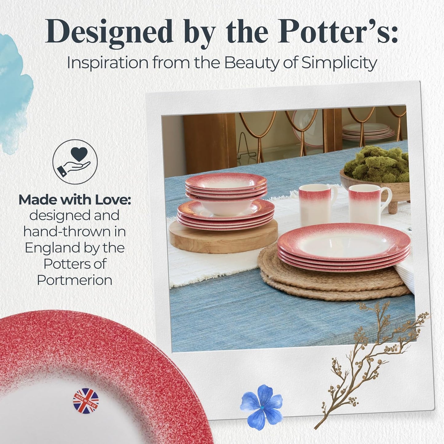 Portmeirion Potter's Mist Dinner Plate (Set of 4) - 8" Earthenware Plates with Classic Mist Rim - Microwave, Dishwasher, Freezer, Oven Safe - Ideal Modern Dinnerware Set (Red Mist)