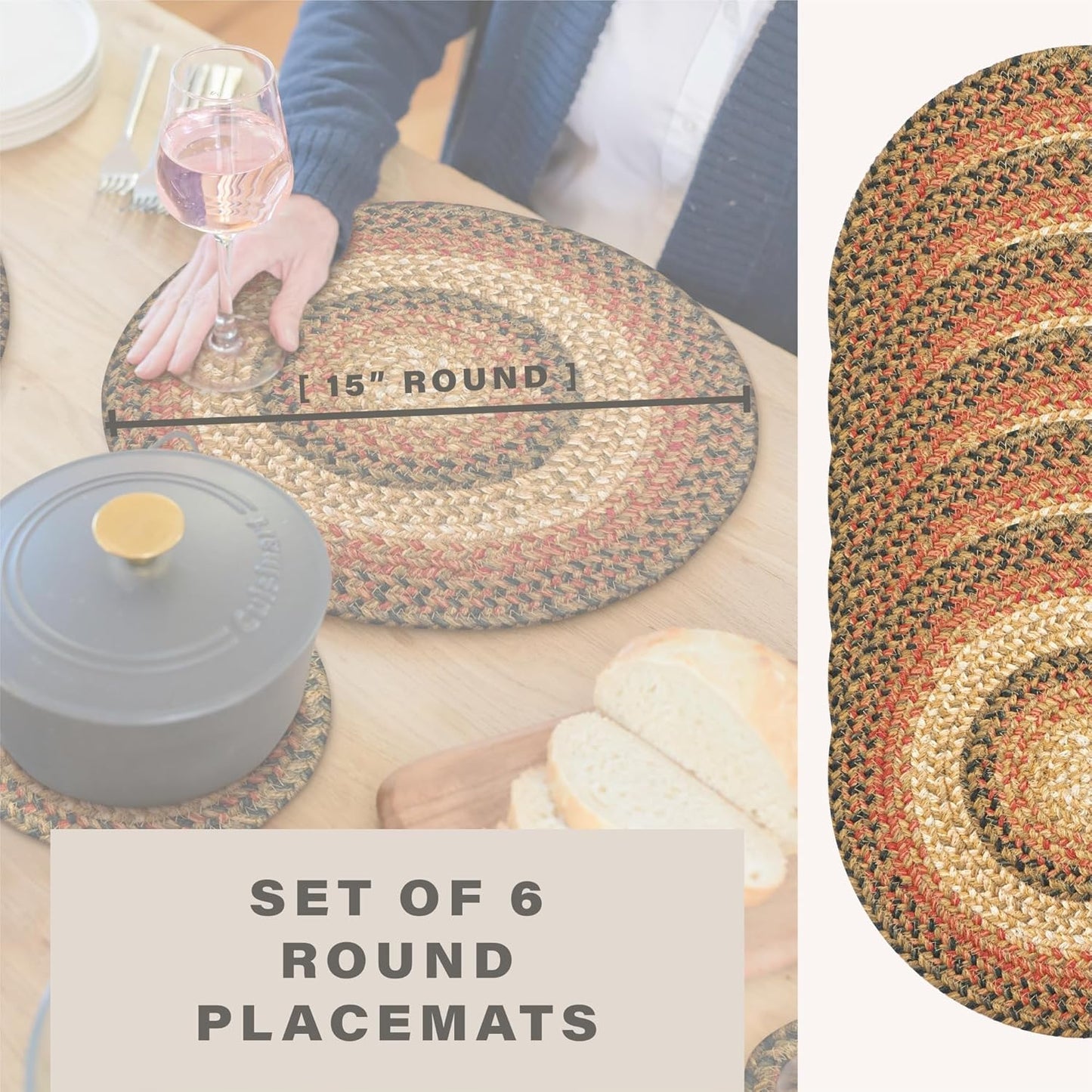 Russet Jute Woven Round Placemats Set of 6, 15", Warm Country Decor, Multicolor Table Mats - Vibrant Colors, Durable, Easy to Clean and Protects Furniture