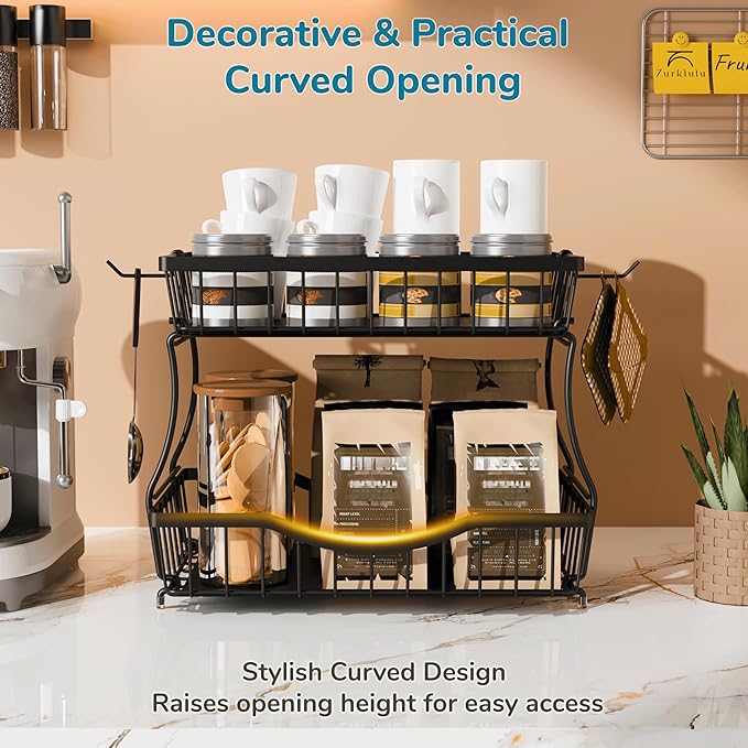 2 Tier Fruit Basket for Kitchen Counter with 2 Banana Hangers, Large Metal Fruit Bowl for Onion Vegetable Bread Snack, Countertop Organizer – Black, 14.5" W x 9.5" D