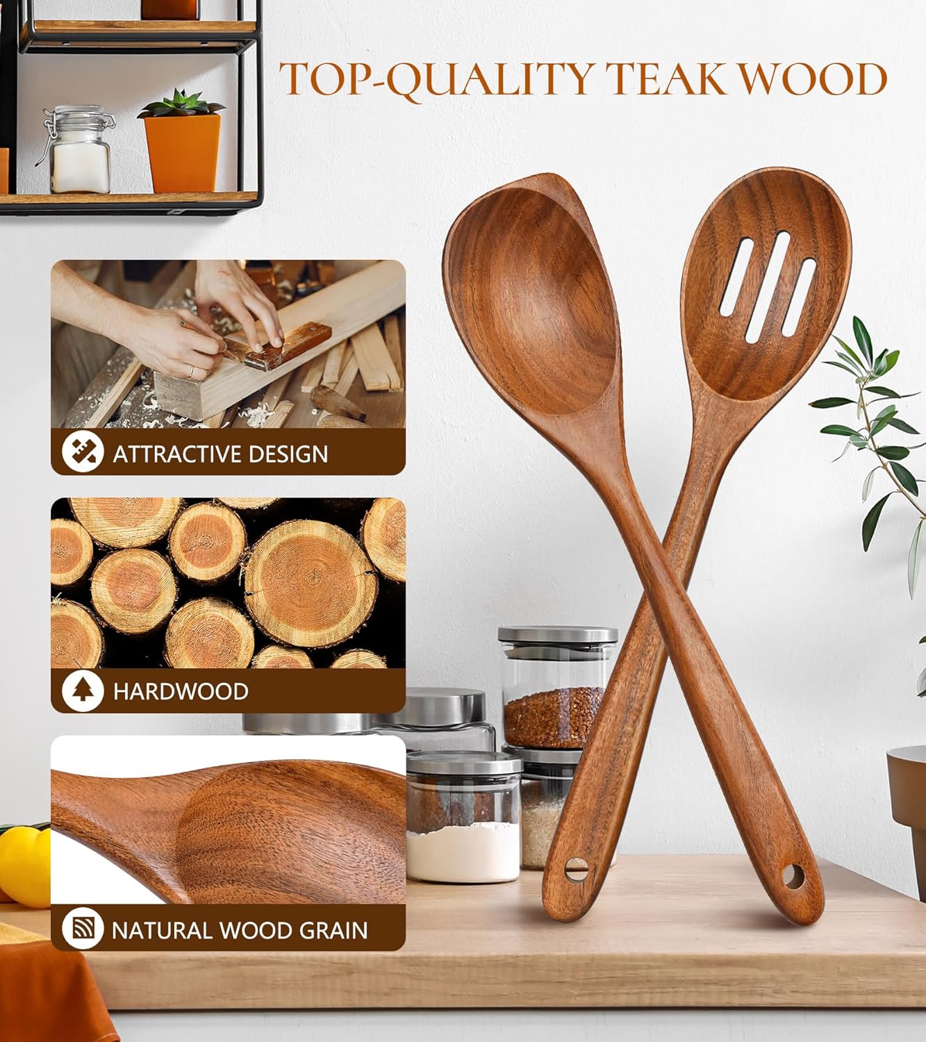 2Pcs Wooden Spoons for Cooking, Natural Premium Teak Wood Corner Spoon & Slotted Spoon, Good Grip Large Cooking Spoons Spatula, Heat Resistant Wooden Kitchen Cooking Utensils Set for Nonstick Cookware