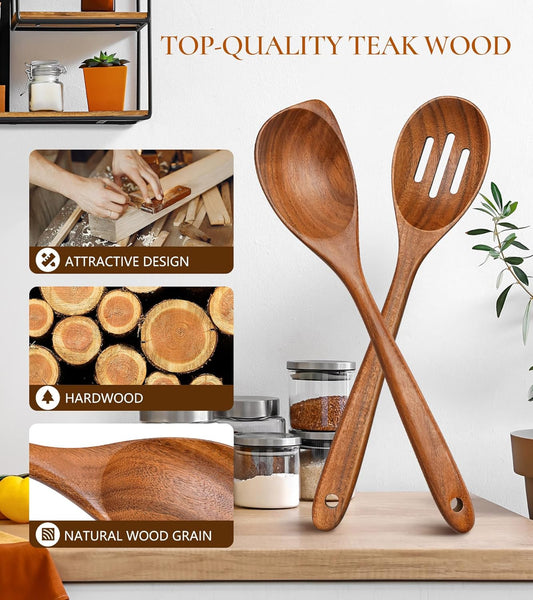 2Pcs Wooden Spoons for Cooking, Natural Premium Teak Wood Corner Spoon & Slotted Spoon, Good Grip Large Cooking Spoons Spatula, Heat Resistant Wooden Kitchen Cooking Utensils Set for Nonstick Cookware