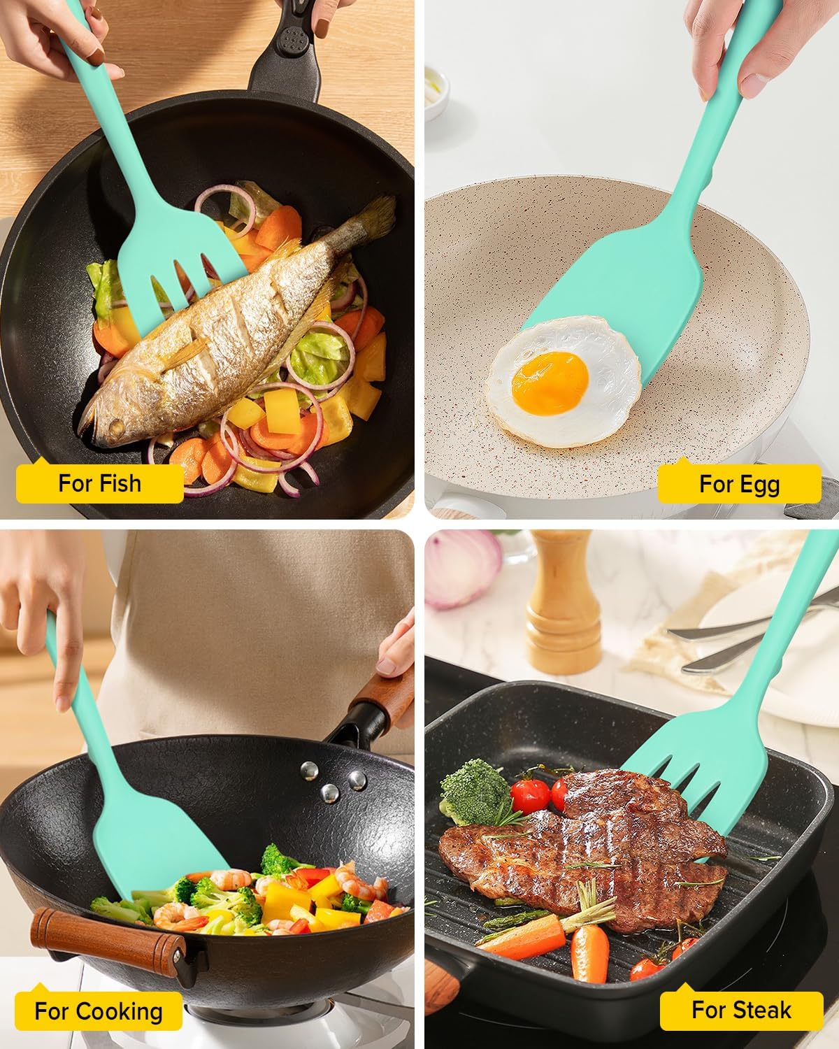 Pack of 2 Silicone Spatula Turners, Non Stick Slotted Kitchen Spatula Set, Heat Resistant BPA Free Kitchen Utensils, One-Piece Design, Suitable for Flipping Fish, Eggs, Steak, Pancakes (GREEN)