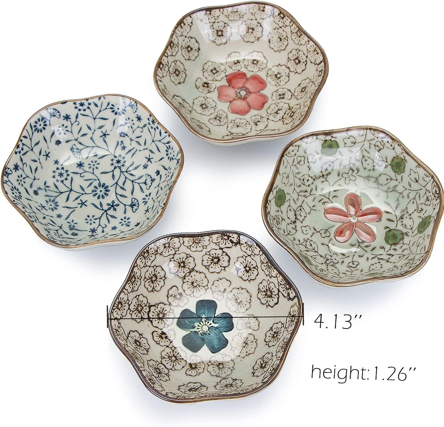 VanEnjoy 4 pcs Colorful Glaze Flower Pattern Ceramic Soy Sauce Dipping Bowls Appetizer Plates Serving Dishes Condiment Dish