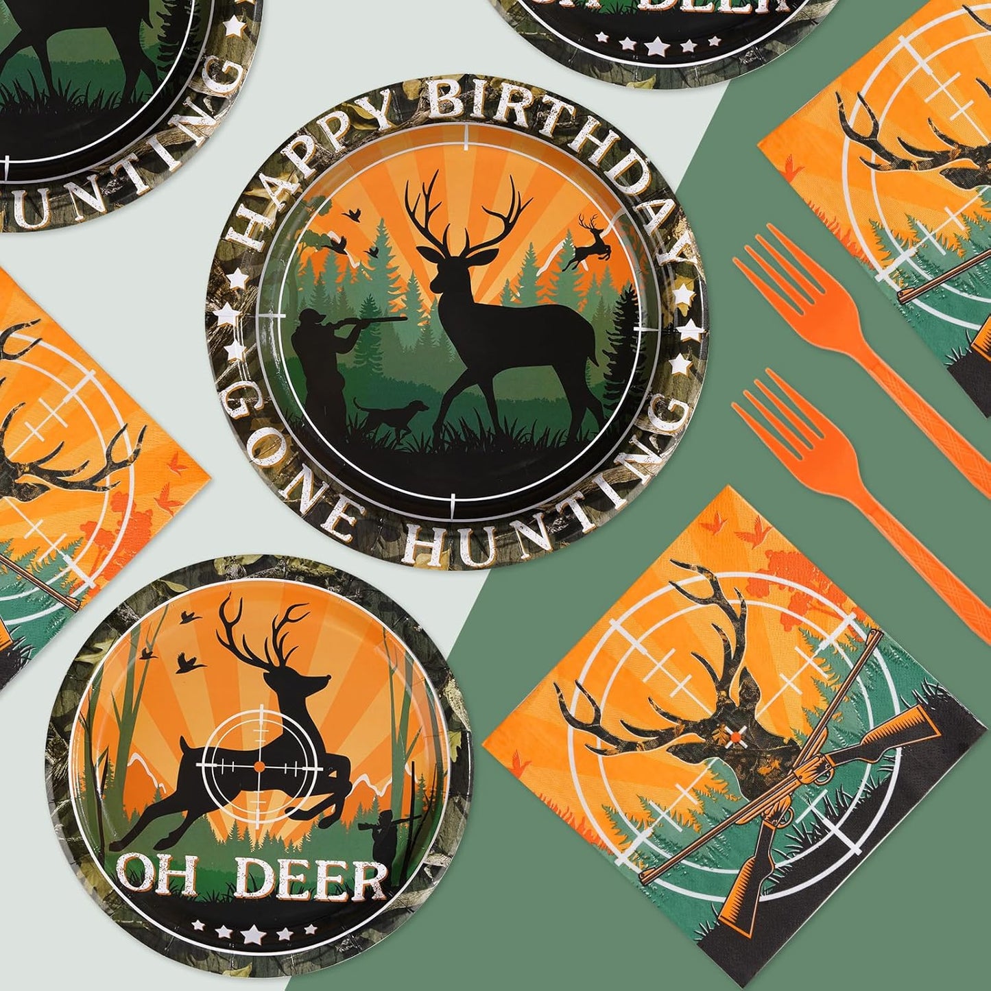 96Pcs Hunting Camo Party Supplies Oh Deer Hunting Birthday Party Decorations 350GSM Disposable Hunting Theme Birthday Tableware Set Camo Plates Napkins Forks for Outdoor Camping Picnic Decor Serves 24