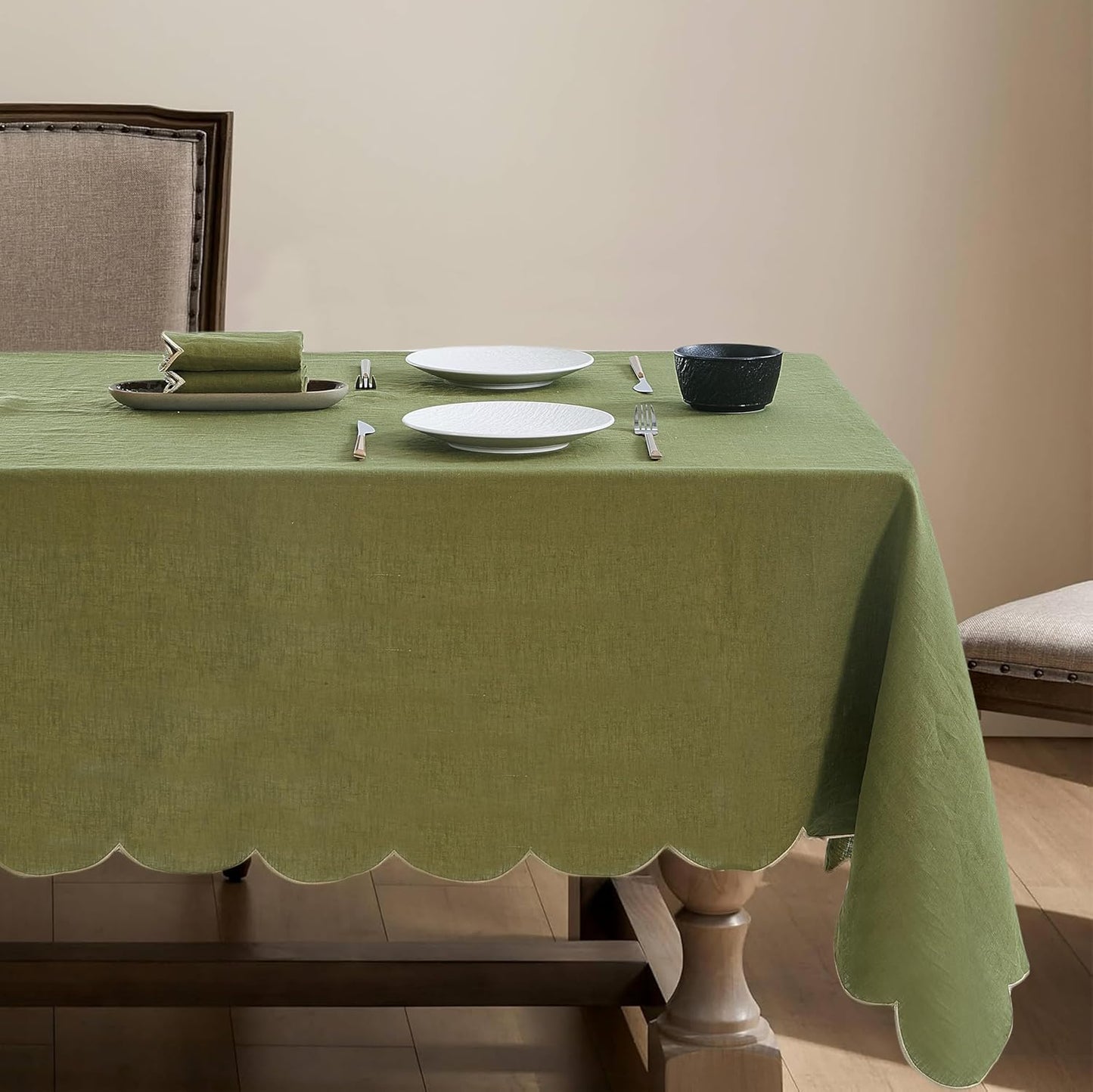 100% French Flax Linen Tablecloths Scalloped Embroidery Rectangle 108Lx60W Inch for Dinners, Parties, Spring, Machine Washable, 8-10 Sets, Olive Green(Edges-Gold)