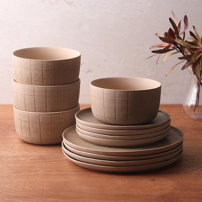 Gisbon Elite Butterwick 12 Piece Plates and Bowls Stoneware Dinnerware Set - Taupe Reactive Glaze Patterned Dishes - Microwave and Dishwasher Safe