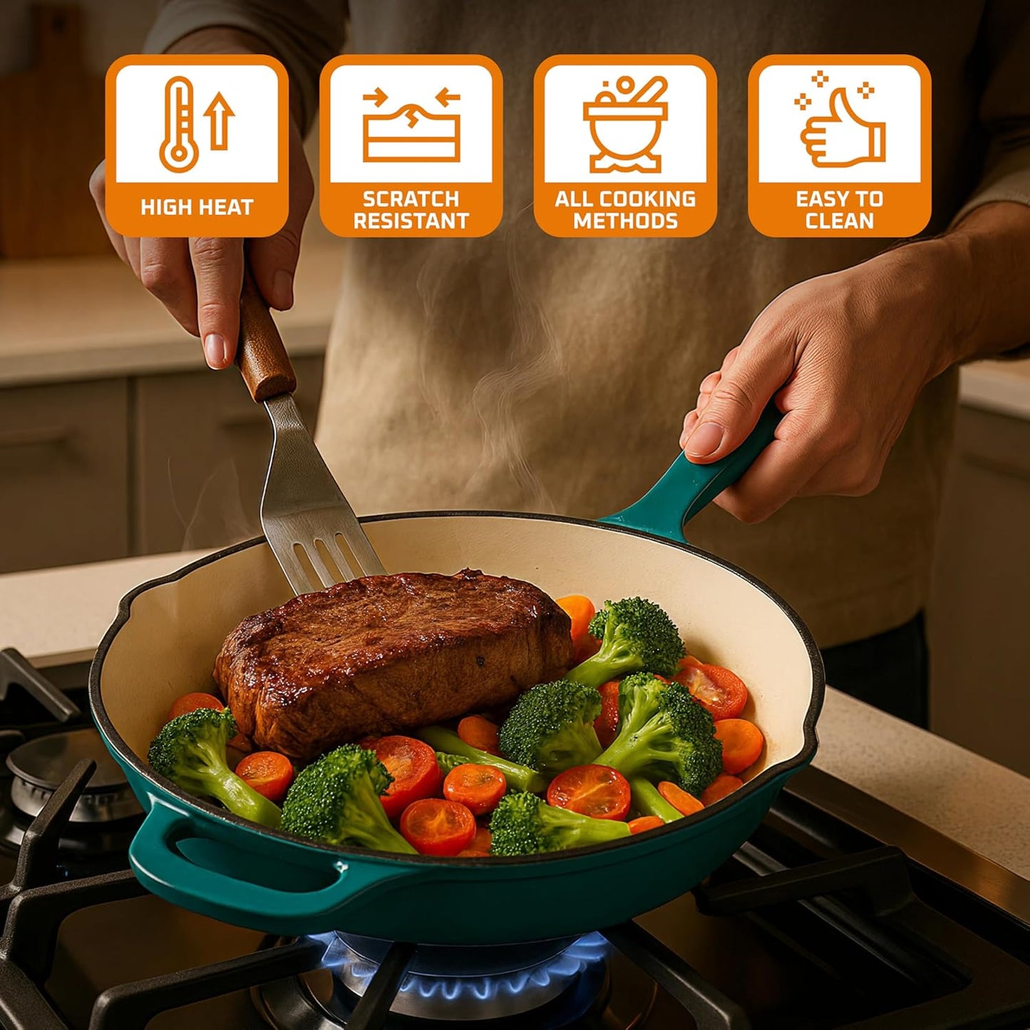 Bruntmor Cast Iron Pan - 10x16-Inch Round Skillet with Pour Spout - Frying Pan Compatible with Stovetops, Ovens, and Grills -Pre-Seasoned Non-Stick Surface Kitchen Tool and Cookware for Frying - Teal