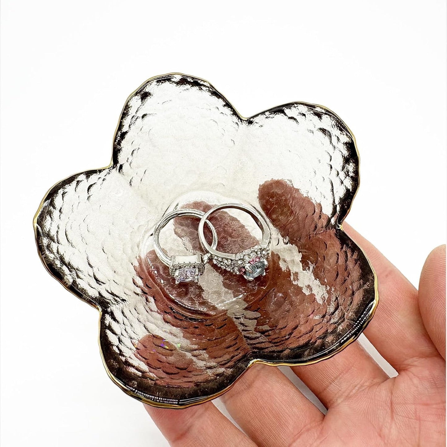Glass Jewelry Dish Tray, Small Jewelry Tray Trinket Dish, Flower Ring Dish Engagement Gift, Crystal Ring Holder for Women, Bathroom Jewlery Plate Dish, Nightstand Jewelry Bowl for Earrings