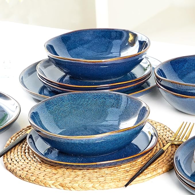 Bestone 12 Pieces Round Kitchen Dinnerware Sets，Plates and Bowls Sets,Dishes, Plates, Bowls, Dish Set, Chip Resistant Ceramic Dinnerware Set, Dishwasher/Microwave Safe,Service for 4,Cobalt Blue