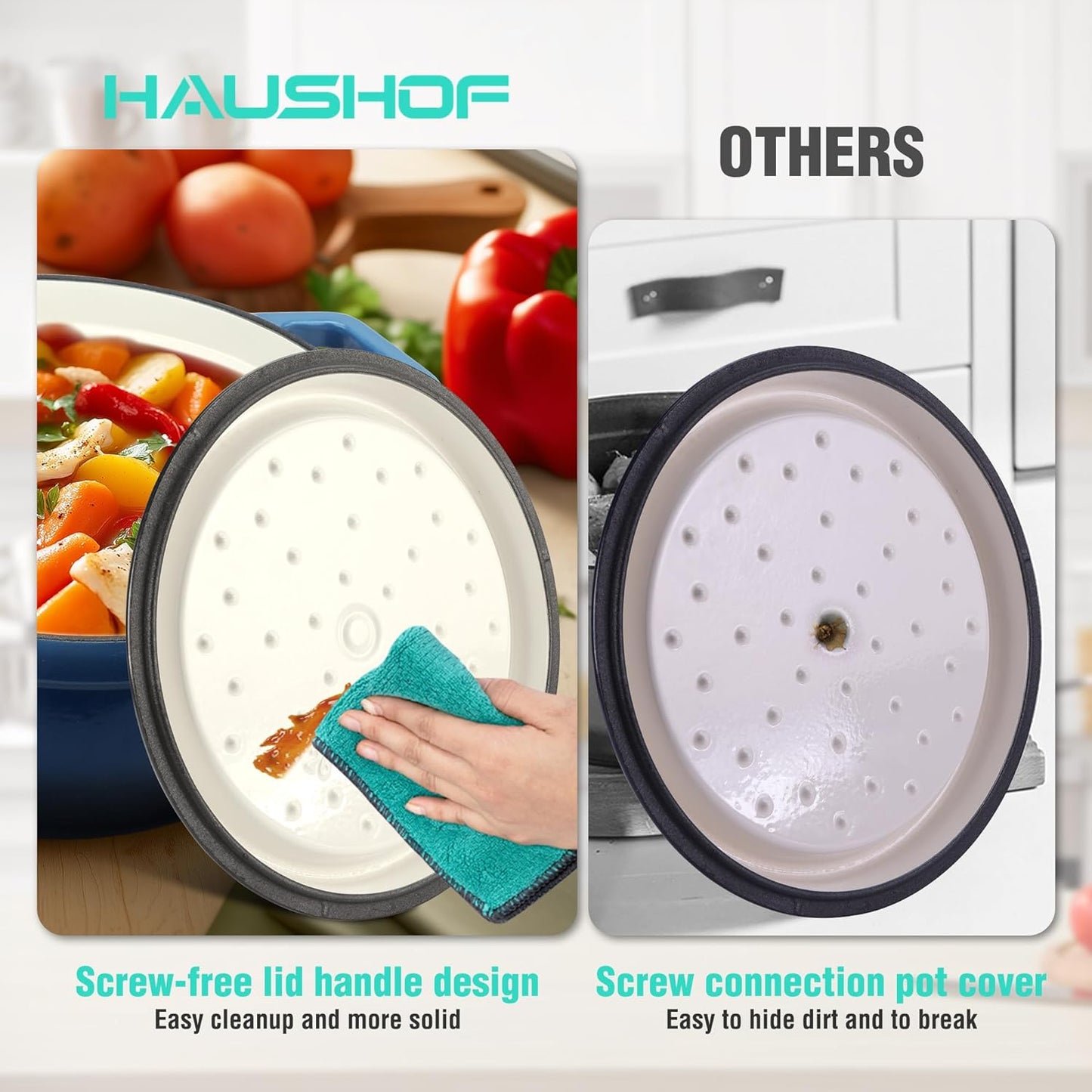 HAUSHOF 5.3QT Enameled Cast Iron Dutch Oven with Lid, Non-Stick Pot for Sourdough Bread Baking, Stewing, Rosting, Blue