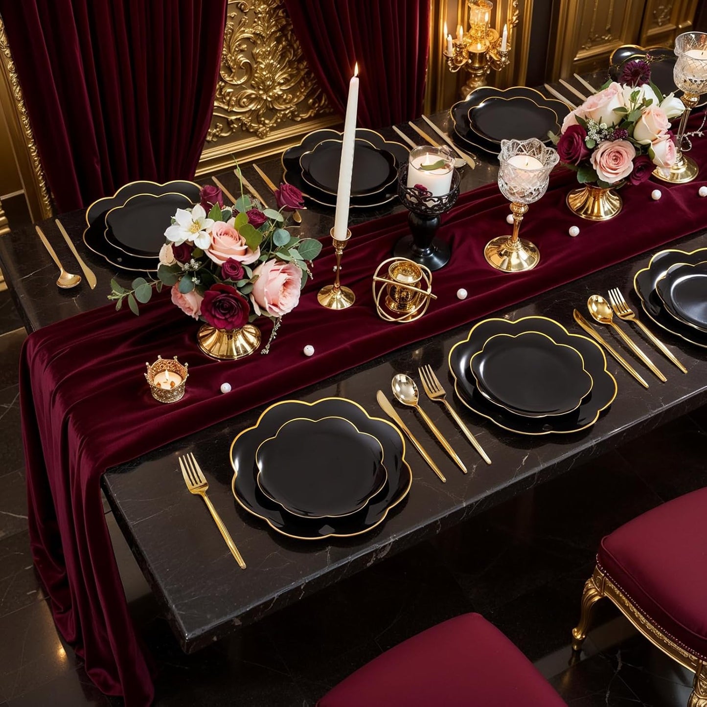 60pcs Black Disposable Plates with Gold Rim Heavy Duty Scalloped Plastic Birthday Plates Wedding Disposable Dinnerware Includes: 30 Dinner and 30 Dessert Plate,Perfect for Party Ceremony and Camping