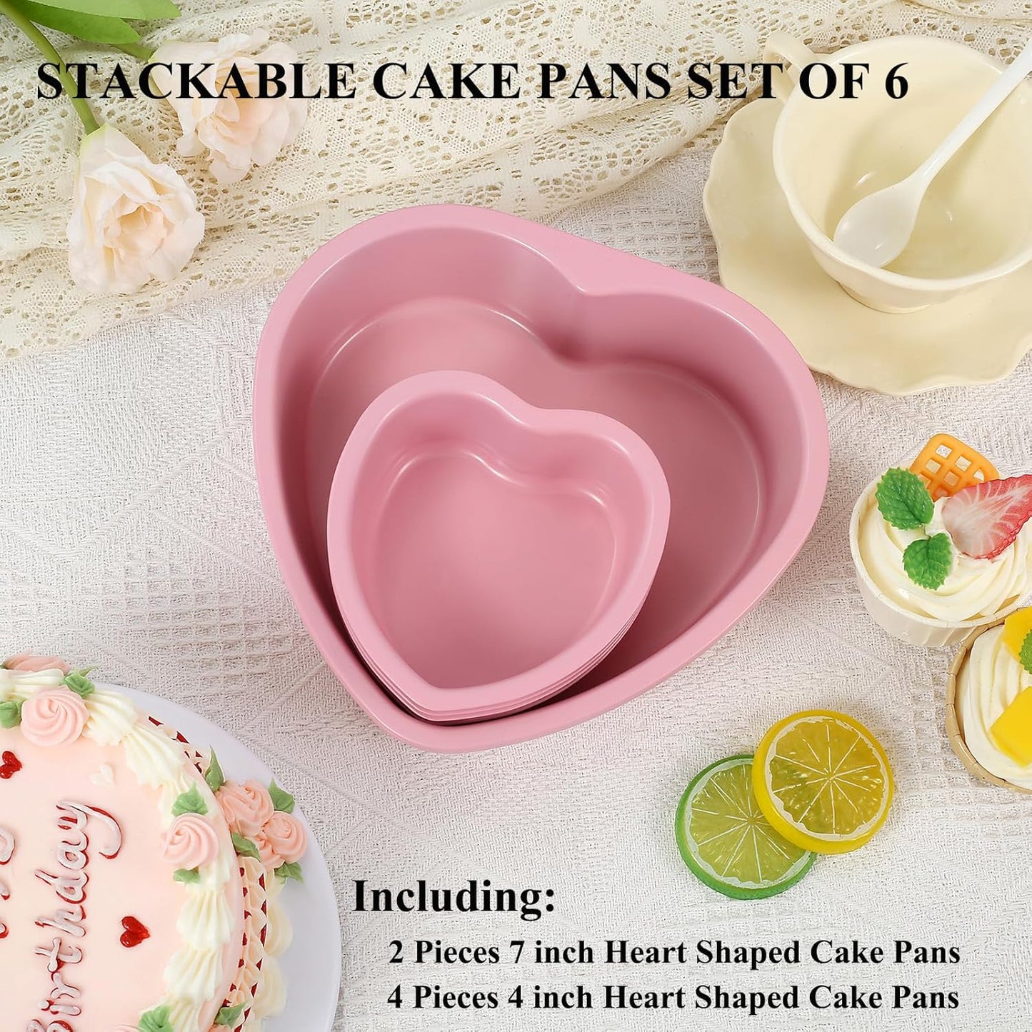 7 & 4 Inch Heart Shaped Cake Pans Set of 6, Pink Carbon Steel Baking Pans Set, Nonstick Heart Cake Mold for Baking, Small Cake Pans, Bakeware Sets for Valentine's Day Wedding