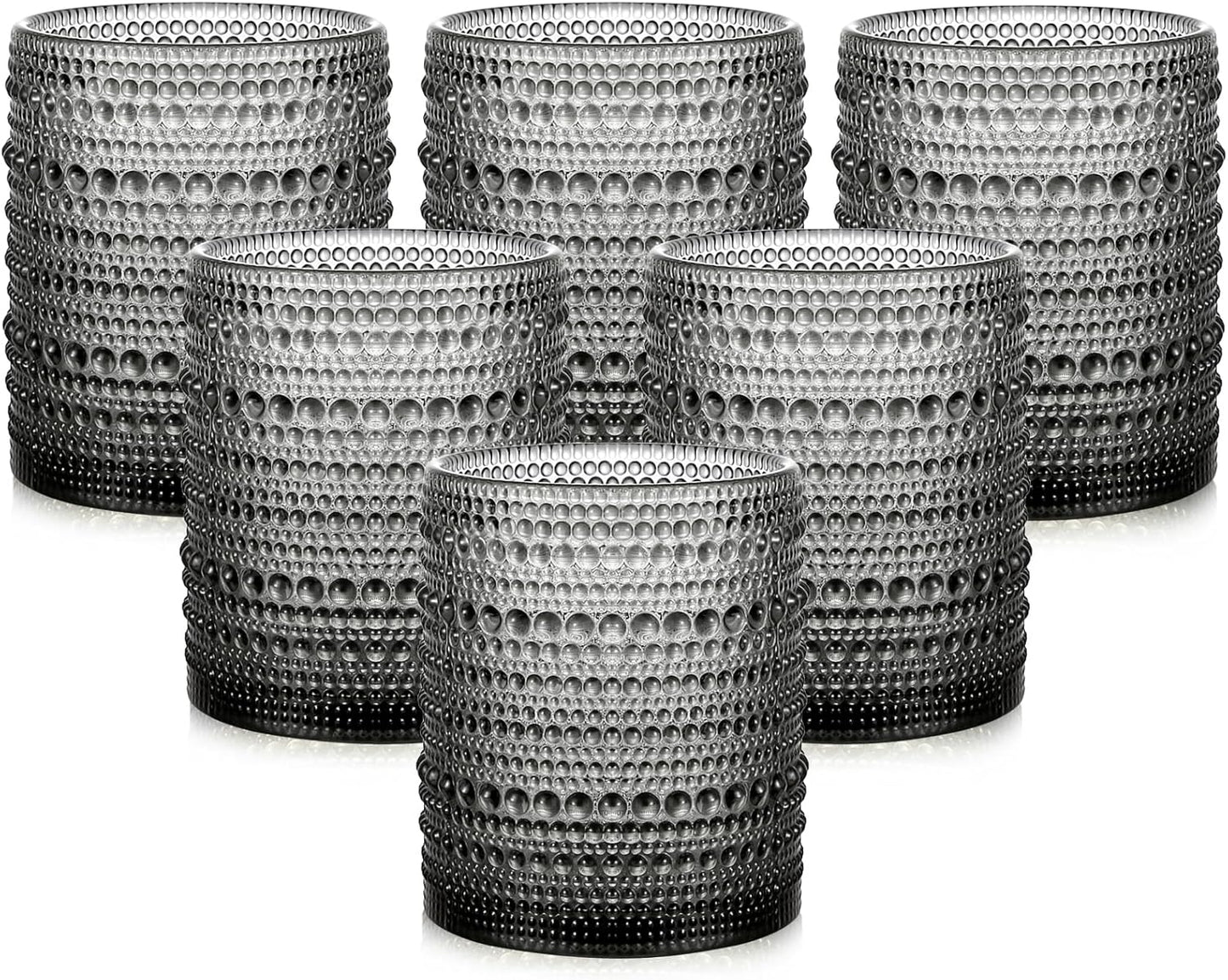 Vintage Glassware Drinking Glasses Set of 6,12 oz Hobnail Glass Cups,Embossed Grey Water Tumbler,for Beer,Cocktail,Whiskey,Juice and Various Mixed Drinks- 1 Cleaning Brush