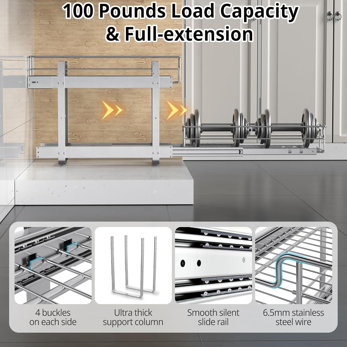 ZOINLIY Pull Out Cabinet Organizer, Versatile Slide Out Kitchen Organizers and Storage,Heavy Duty Drawer Cupboard Storage Basket, Smooth Sliding, Chrome Finish (2-Tiers-22¼''W×22“D)