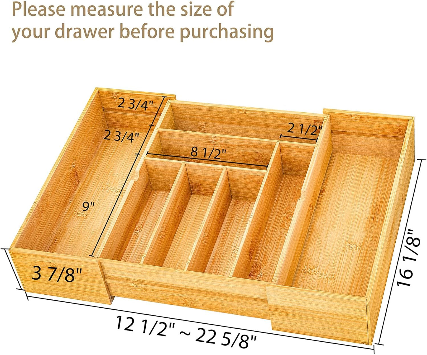 BAMEOS 3.9inch Tall Bamboo Drawer Organizer, Expandable Utensil Holder with 8 Compartments, Adjustable Kitchen Drawer Divider for Flatware, Silverware and Gadgets, Deep Storage for Home and Office
