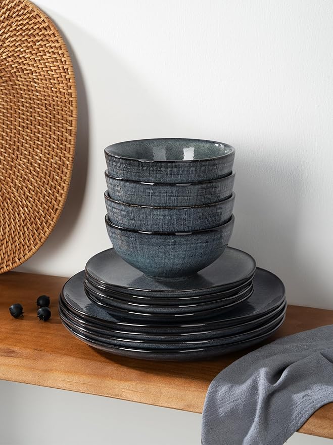 Famiware Moonlight Plates and Bowls Sets, 24 Pieces Stoneware Dinnerware Sets with Linen Finish, Dishware set for 8, Microwave and Dishwasher Safe, Chip and Scratch Resistant, Dark Blue