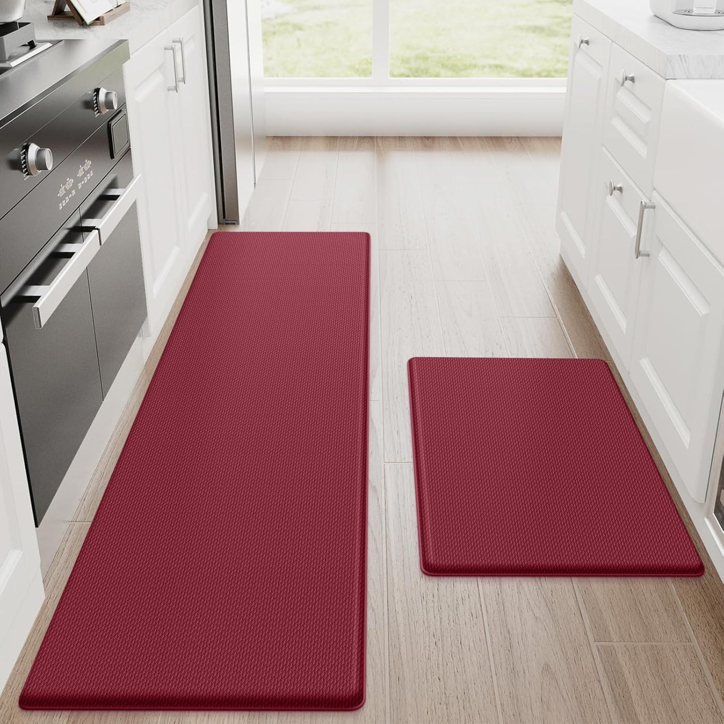 StepRite Kitchen Mats, 2PCS Kitchen Rugs, Cushioned Anti Fatigue Kitchen Mats for Floor, Non-Slip Standing Desk Mat, Waterproof Kitchen Rug Set for Kitchen, Floor, Office, 17.3"x30"+17.3"x59", Red