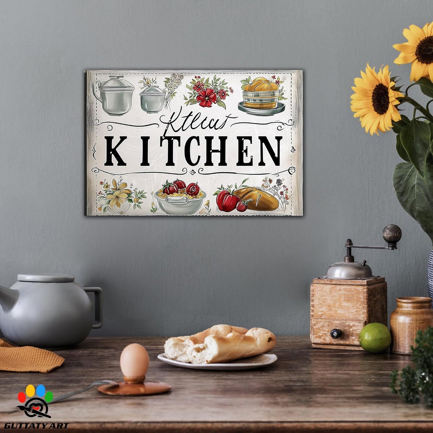 GUTTATY Kitchen Pictures Wall Decor, Farmhouse Wall Art Decor Colorful Vegetables and Flowers Painting for Dinning Room Restaurant Decor, Mother's Day Gift for Grandma Mom Hanging Artwork 18×24 Inch