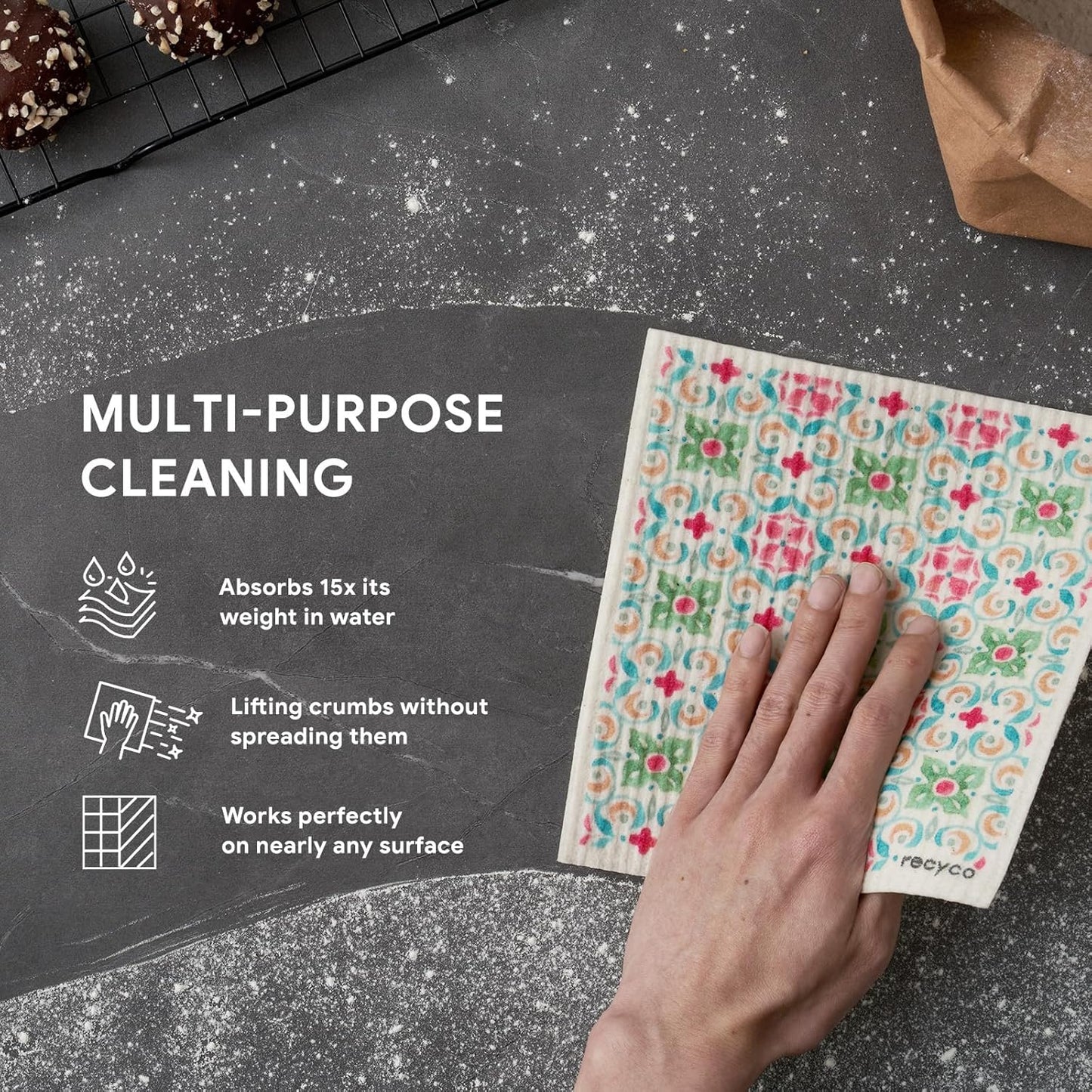 RECYCO Swedish Dishcloths for Kitchen | 6 Pack Boho Mosaic Bliss Washable Dish Rags | Cellulose Reusable Cleaning Paper Towels | Absorbent Counter Dish Cloth Sponge Kitchen Wipes, 8" L x 7" W