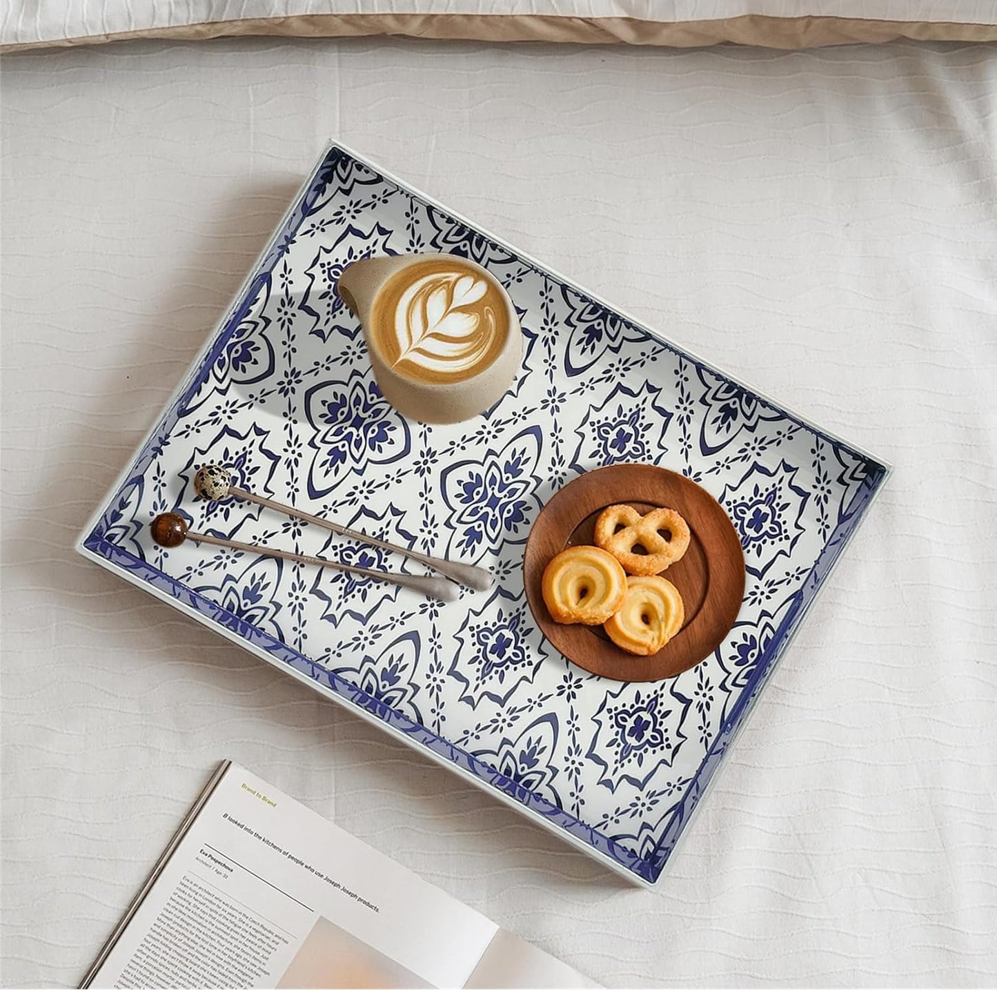 Serving Tray with Handles, 15.7 * 11.8 inches, Plastic Ottoman Tray with Exquisite Paintings, Trays for Coffee Table