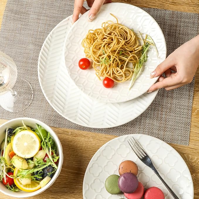 Sureasy Ceramic Dinnerware Sets for 8, 24 Piece Embossed Plates and Bowls Sets, Scratch Resistant Stoneware Dishes Set, Dishwasher and Microwave Safe, White