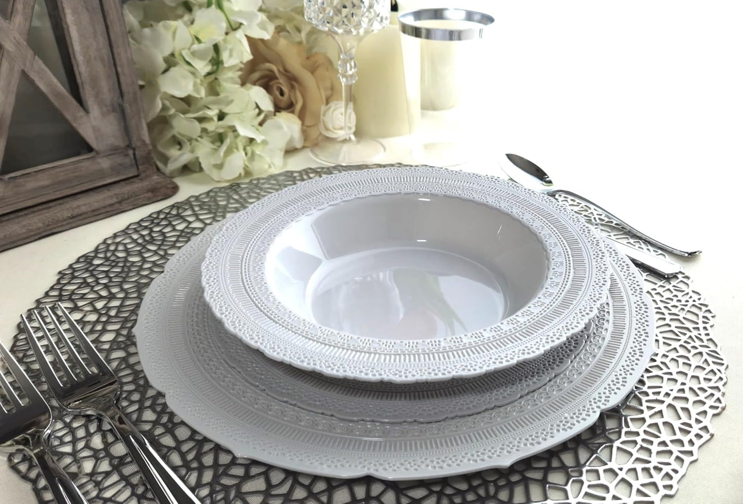 " OCCASIONS " 240 Plates Pack,(120 Guests) Extra Heavyweight Vintage Wedding Disposable/Reusable Plastic Plates 120x11'' Dinner + 120x8.25'' Salad/Dessert Plate (Chateau Light Gray)