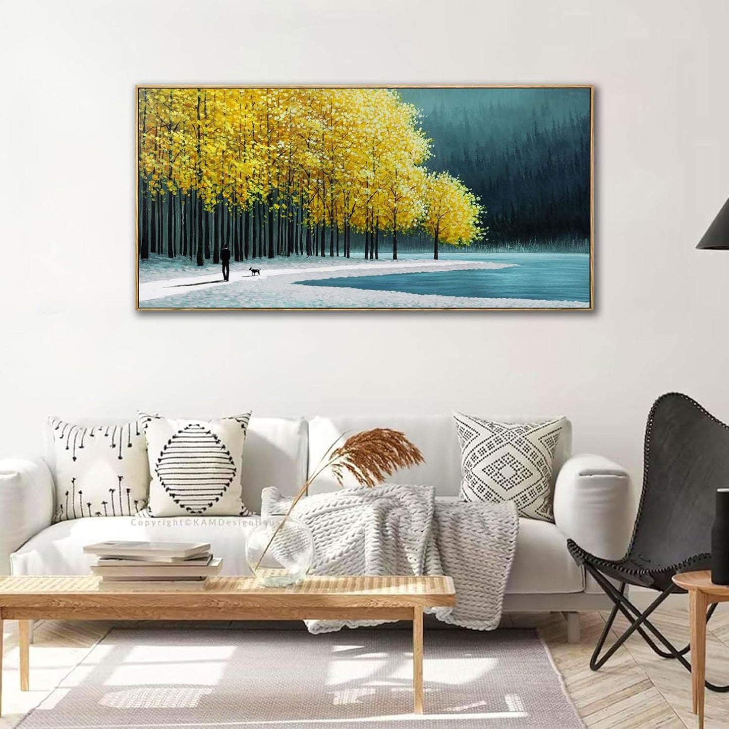 KLAKLA Large Wall Art - Yellow Bedroom Birch Tree Valley Snowy Forest Wild Lakes Landscape Canvas Pictures Wall Decoration for Living Room Office Home Decor - 48x24 Inches