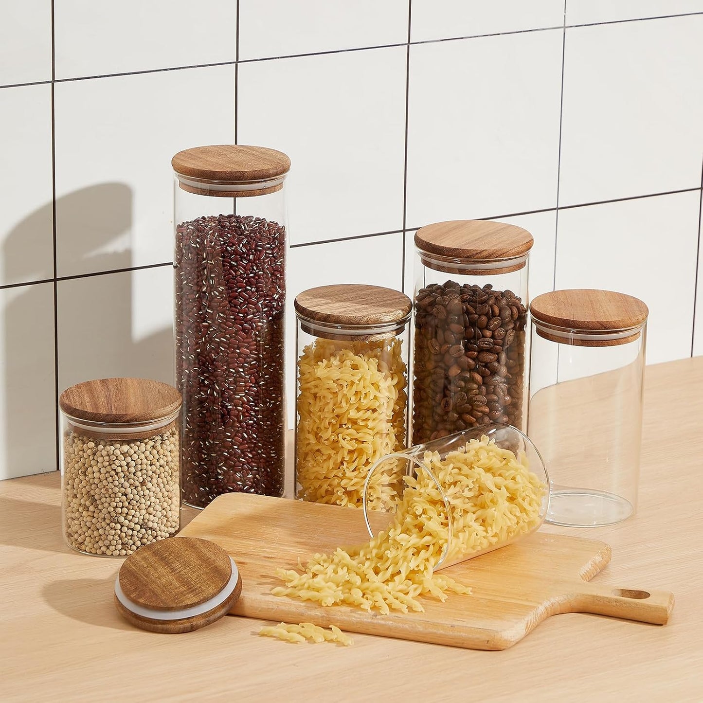 24 Pcs Glass Storage Jar with Acacia Wooden Lid, 4 Sizes Food Storage Container Clear Stackable Canister Airtight Glass Jar for Candy Cookie Rice Sugar Pasta 3.4''x4'', 6'', 7.9'', 9.8''
