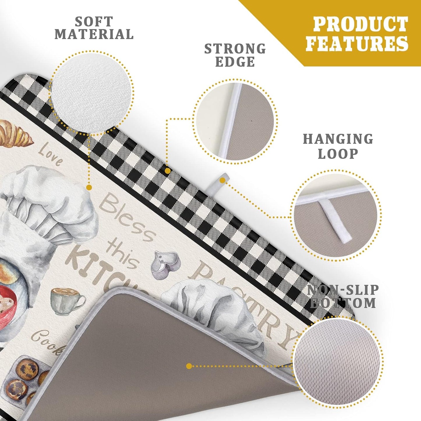 Chef Gnome Dish Drying Mats for Kitchen Counter 18x24 inch, Buffalo Plaid Cooking Utensils Absorbent Dishes Drainer Mat, Reversible Microfiber Quick Dry Rack Pad with Hanging Loop