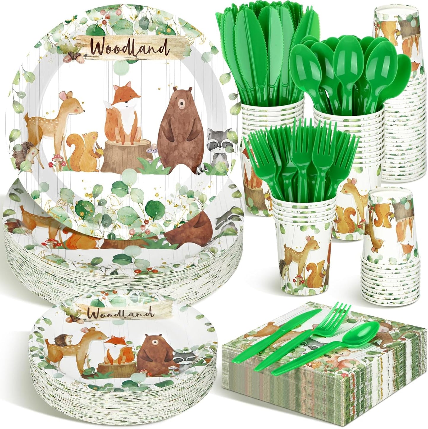 Dandat 350 Pcs Baby Shower Plates Set Baby Shower Party Supplies Serves 50 Tableware Sets Include Plates Napkin Cup Forks Knives Spoons Disposable Dinnerware(Woodland,Green)