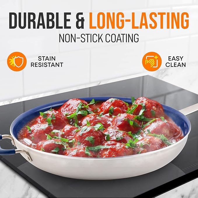 NutriChef 14" Extra Large Fry Pan - Skillet Nonstick Frying Pan with Silicone Handle, Ceramic Coating, Blue Silicone Handle, Stain-Resistant And Easy To Clean, Professional Home Cookware