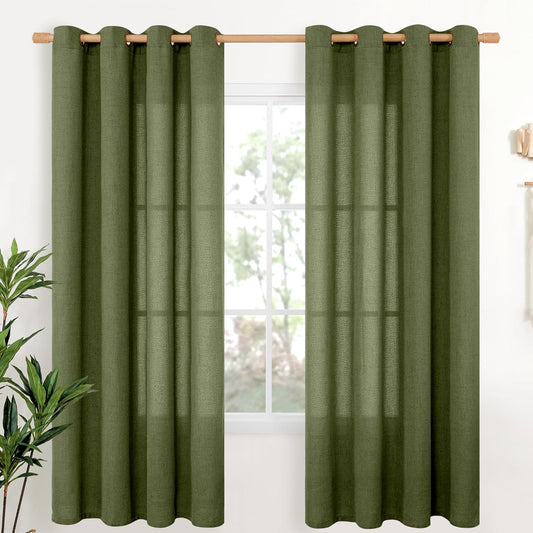 YoungsTex Olive Linen Curtains 72 Inch Length 2 Panels for Living Room, Dark Green Semi Sheer Drapes with Bronze Grommet Window Treatments Light Filtering for Bedroom Dining, 52 X 72 Inch