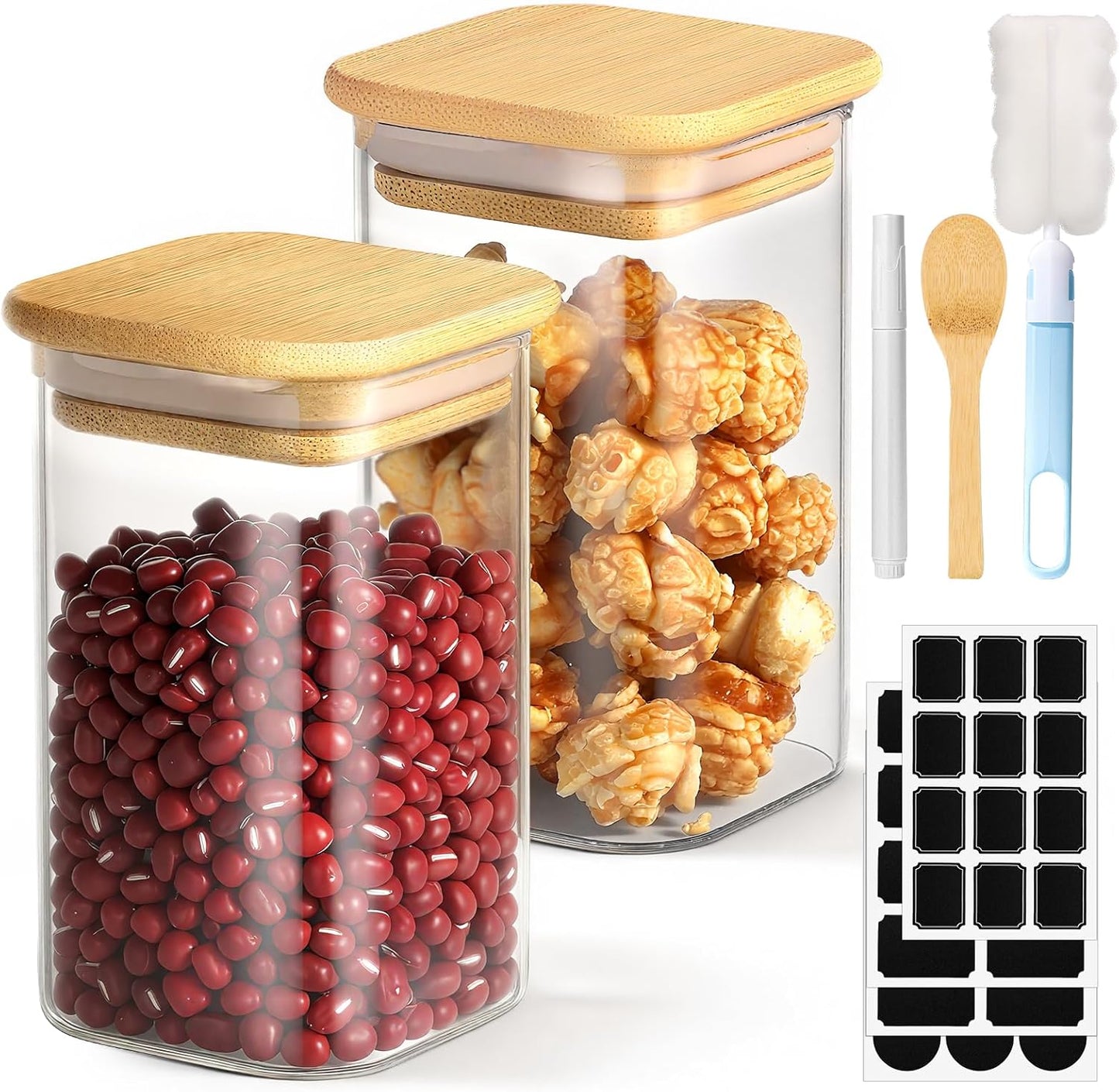 Square Glass Storage Jars Set of 2, 8 Fl.oz Glass Containers with Bamboo Lids, Clear Spice Jars Kitchen Pantry Canister for Candy Sugar Coffee Tea Oats - Included Labels, Spoon and Marker