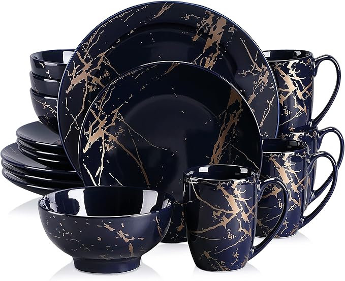 LOVECASA Porcelain Dinnerware Sets for 4, 16 PCS Plates and Bowls Set, Color Glaze with Gold Plate Dish Set, Dinner Sets with Dinner Plates, Dessert Plate, Bowls and Mugs, Dark Blue