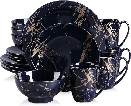 LOVECASA Porcelain Dinnerware Sets for 4, 16 PCS Plates and Bowls Set, Color Glaze with Gold Plate Dish Set, Dinner Sets with Dinner Plates, Dessert Plate, Bowls and Mugs, Dark Blue