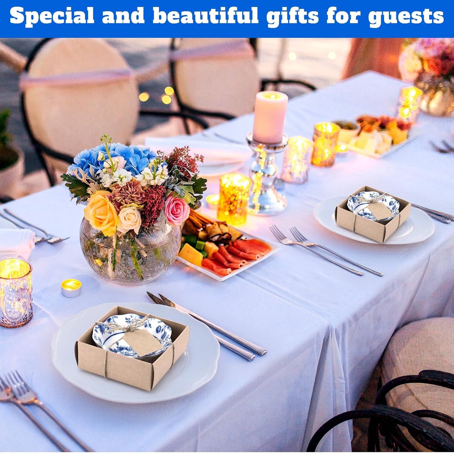12 Pcs Wedding Favors for Guests Small Ceramic Bowl Bulk Gifts Set 3.3 Inch Floral Design Mini Dipping Bowl Sauce Dish with Cards Box for Bridal Baby Shower Birthday Guest Gift (Blue)