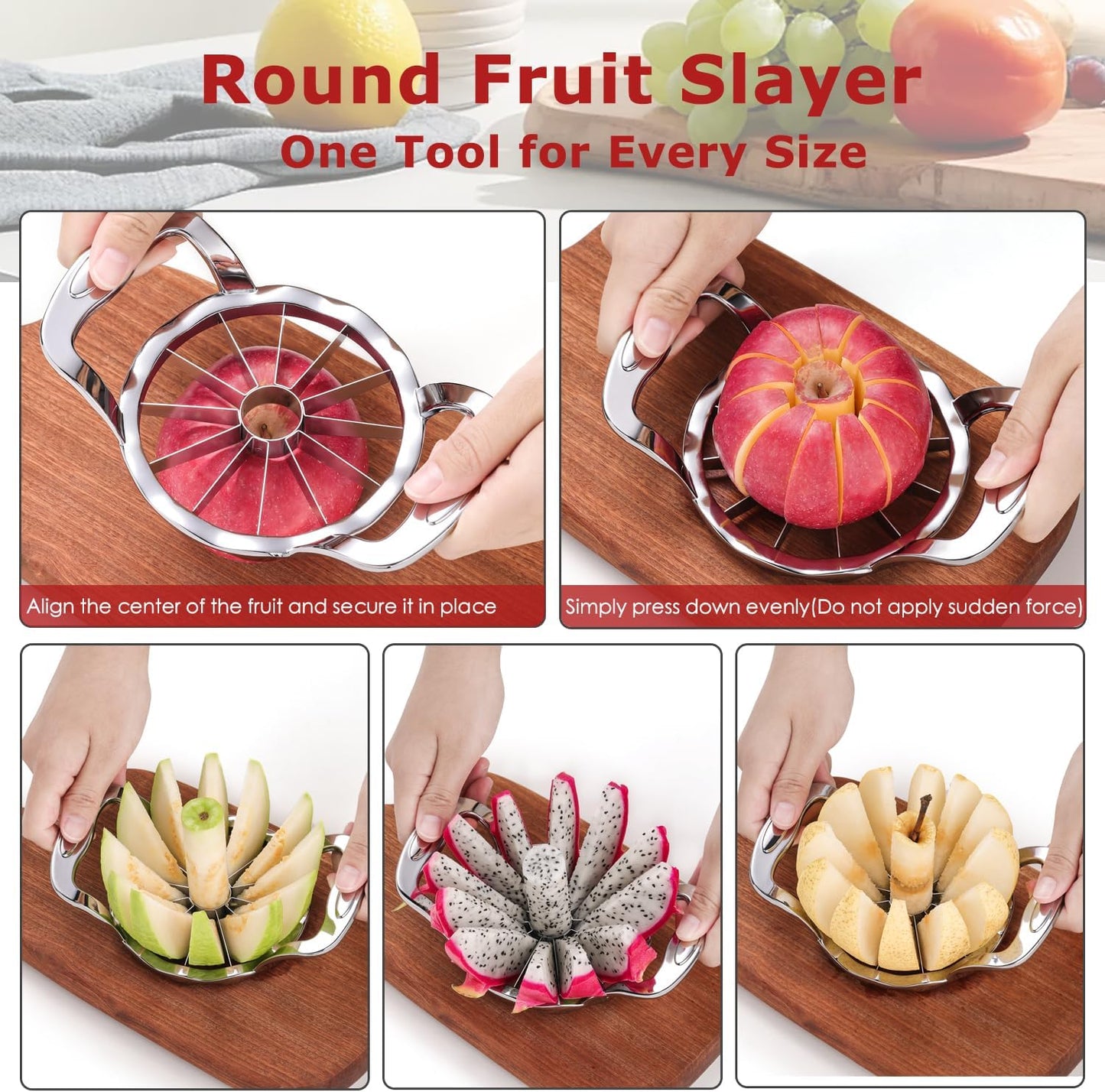 Apple Slicer, AMOHEE 12 Slice Heavy Duty Stainless Steel Apple Slicer and Corer with 3 Forks and a Cleaning Brush