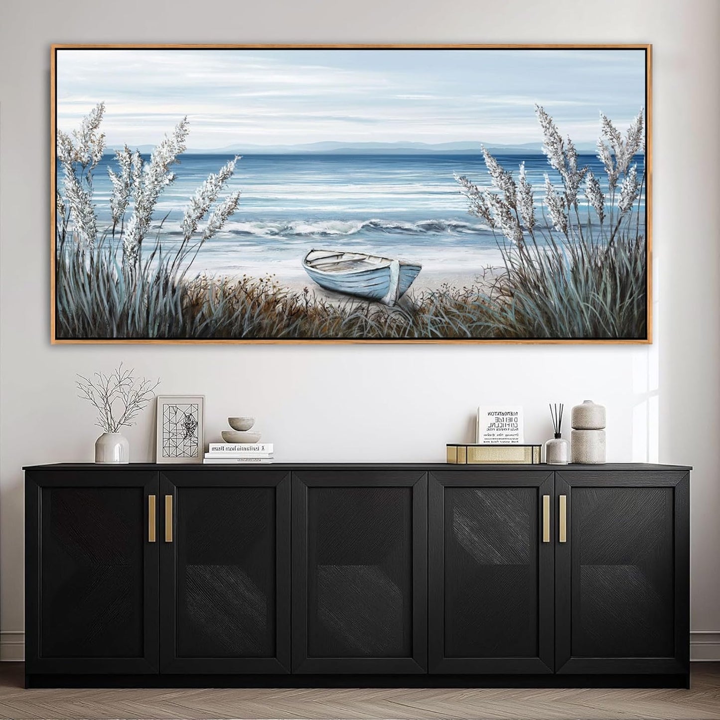 AJAZIKO Beach Vintage Wall Art Pictures for Living Room Coastal Artwork for Walls Ocean Bedroom Wall Decor Above Bed Landscape Beach Canvas Wall Art Featuring Boat, Farmhouse, Seascape 29×58IN