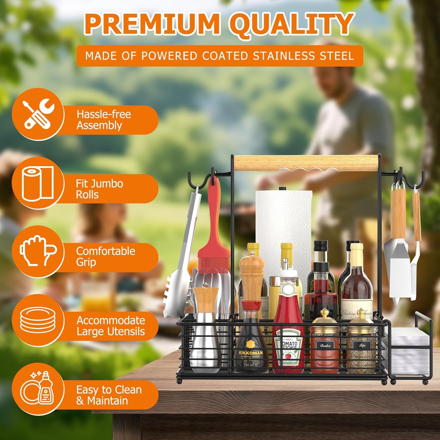 Large Grill and Griddle Caddy with Paper Towel Holder, Side Hooks, Utensil Holder, Wooden Handle for Outdoor Kitchen, Picnic, RV, Patio, Camping, Tailgate BBQ Tools & Grilling Accessories