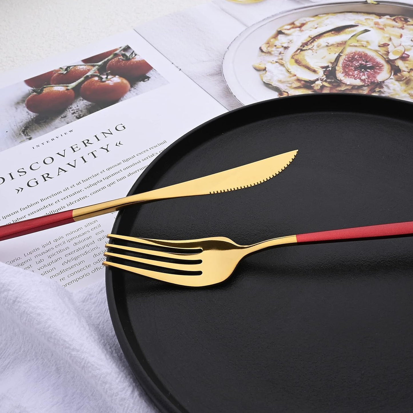 Silverware Set – 20 Piece Family Dinnerware Set – Flatware Set Service For 4 – Red Gold Tableware Sets – Cutlery Great For Family Gatherings & Daily Use – Spoons, Knives, Forks