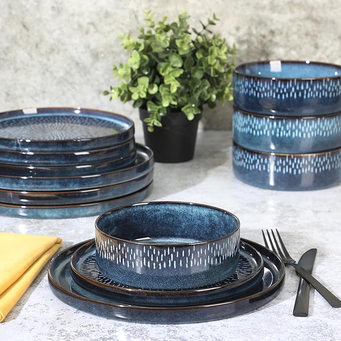 Gibson Elite 12 Piece Matisse Moderna Stoneware Reactive Glaze Plates and Bowls Dishes Dinnerware Set - Cobalt Blue