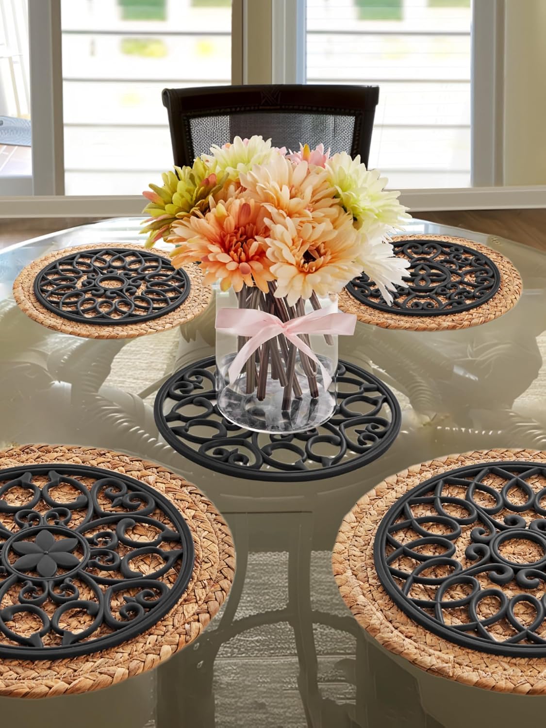 SMARTAKE 3 Set Silicone Trivet Mats, Multi-Use Carved Trivet Mat, Insulated Non-Slip Durable Kitchen Mats, Flexible Modern Kitchen Table Mat, for Hot Dishes, Pots, Dining Countertop, Black