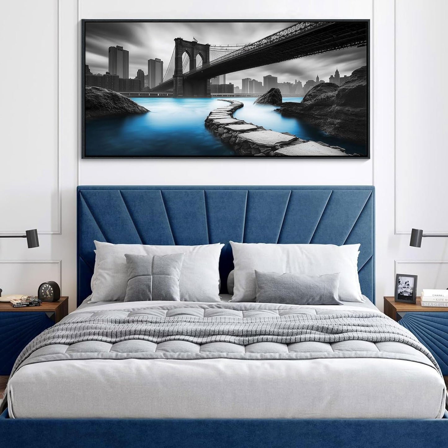 HKDGOKA Large Framed Canvas Wall Art - Black and White Brooklyn Bridge Abstract City Landscape Architecture Pictures Paintings for Living Room Office Bedroom Modern Artwork Home Decor 24x48