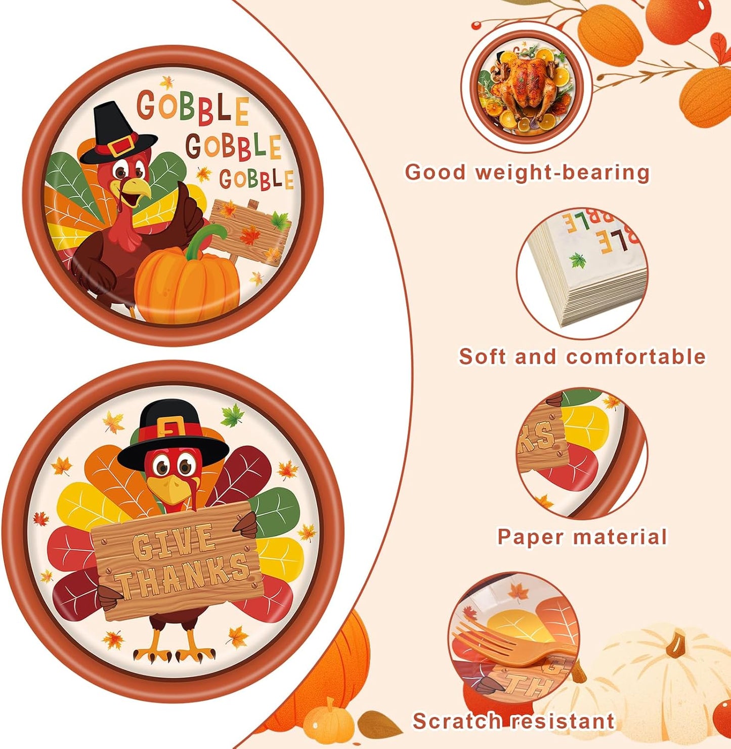100 Pcs Thanksgiving Turkey Tableware Party Supplies – Disposable Fall Dinnerware Set with Paper Plates, Napkins, and Forks for Autumn Celebrations, Friendsgiving, and Thanksgiving Dinner – Serves 25