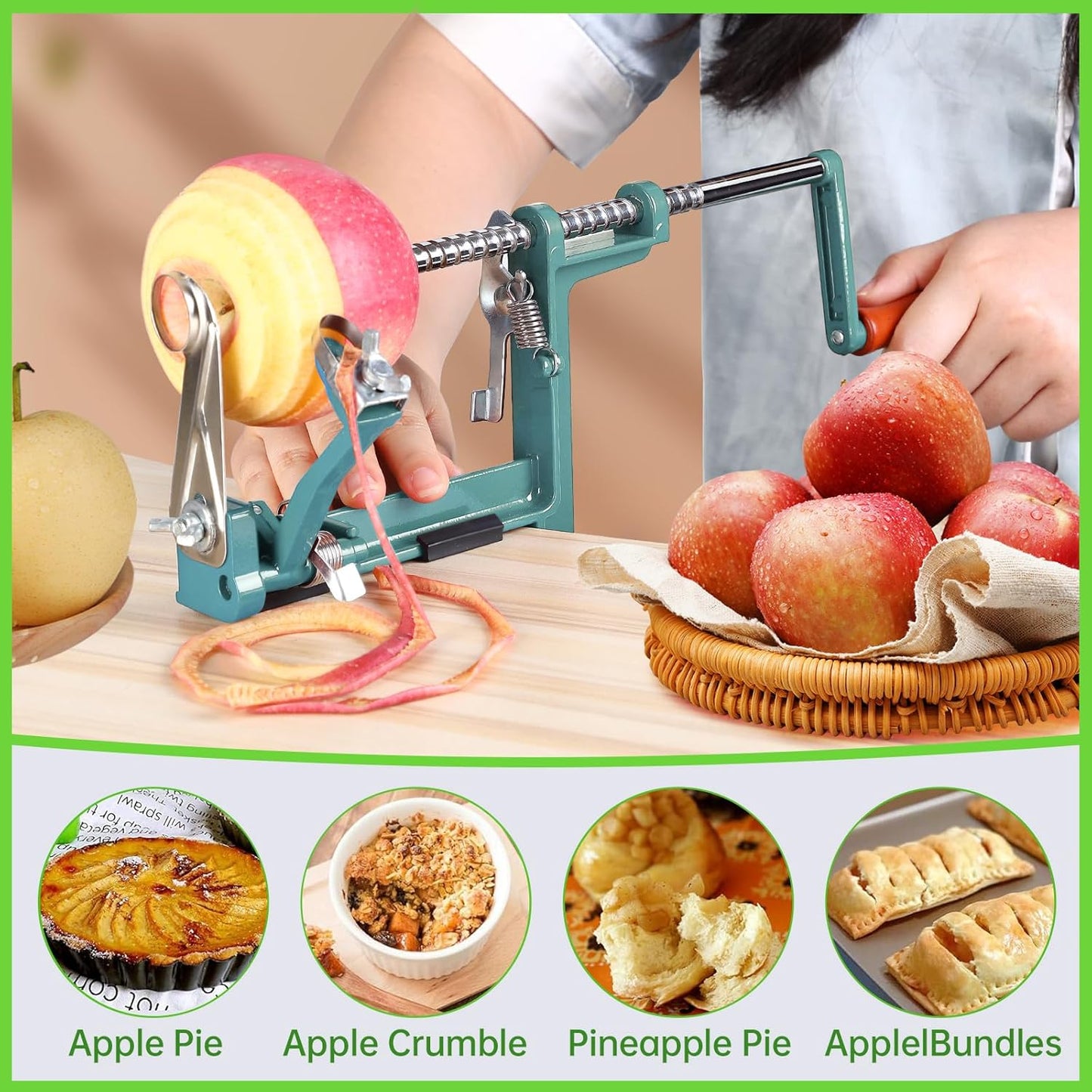 Apple Peeler Corer, Long lasting Chrome Cast Magnesium Alloy Apple Peeler Slicer Corer with Stainless Steel Blades and Powerful Clamp Base for Apples and Potato(DeepGreen)