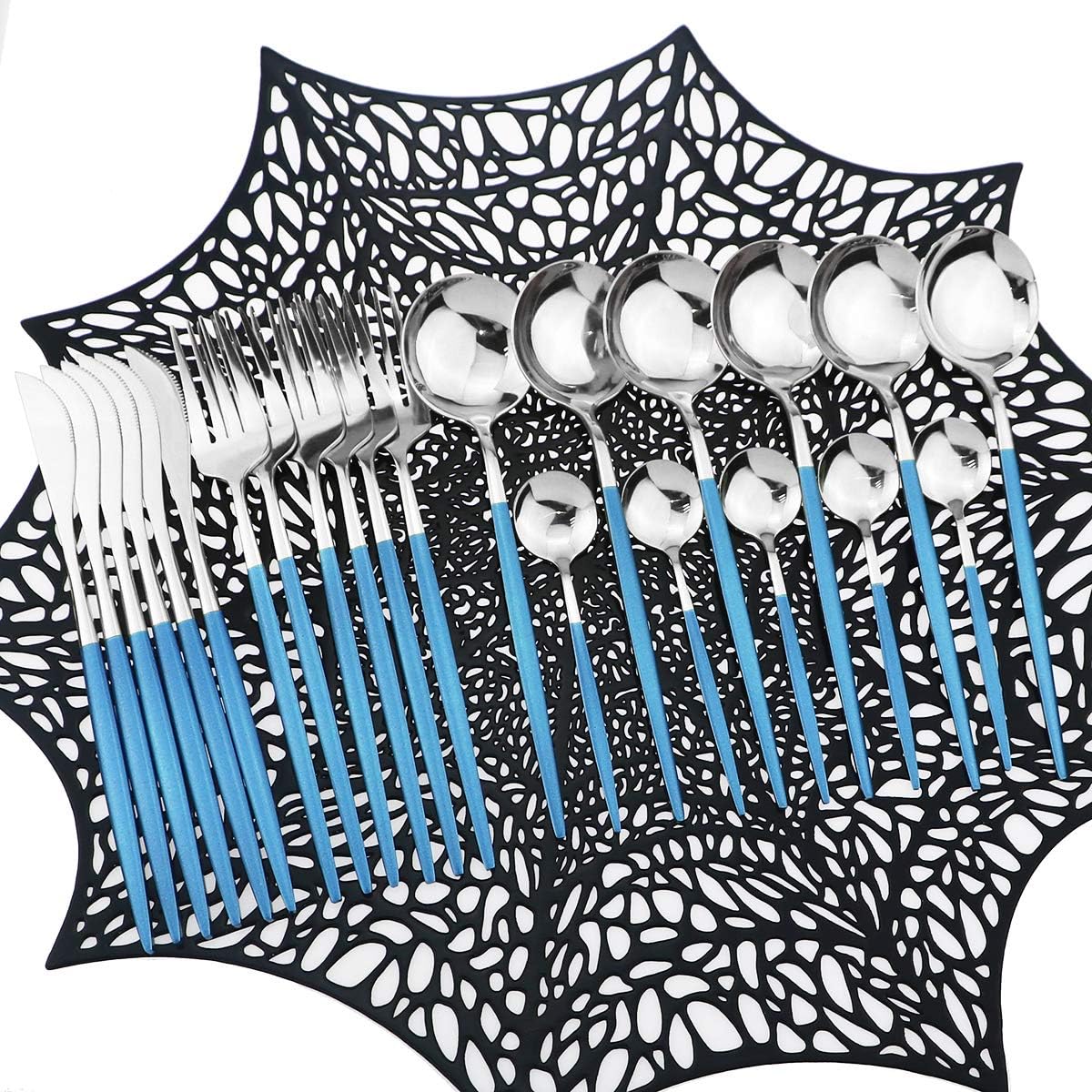 Mirror Silverware Set,24-Piece 304 Stainless Steel Shiny Flatware Set,Kitchen Utensil Set,Tableware Cutlery Set for Home and Restaurant, Dishwasher Safe Service For 6 (Blue/silver)