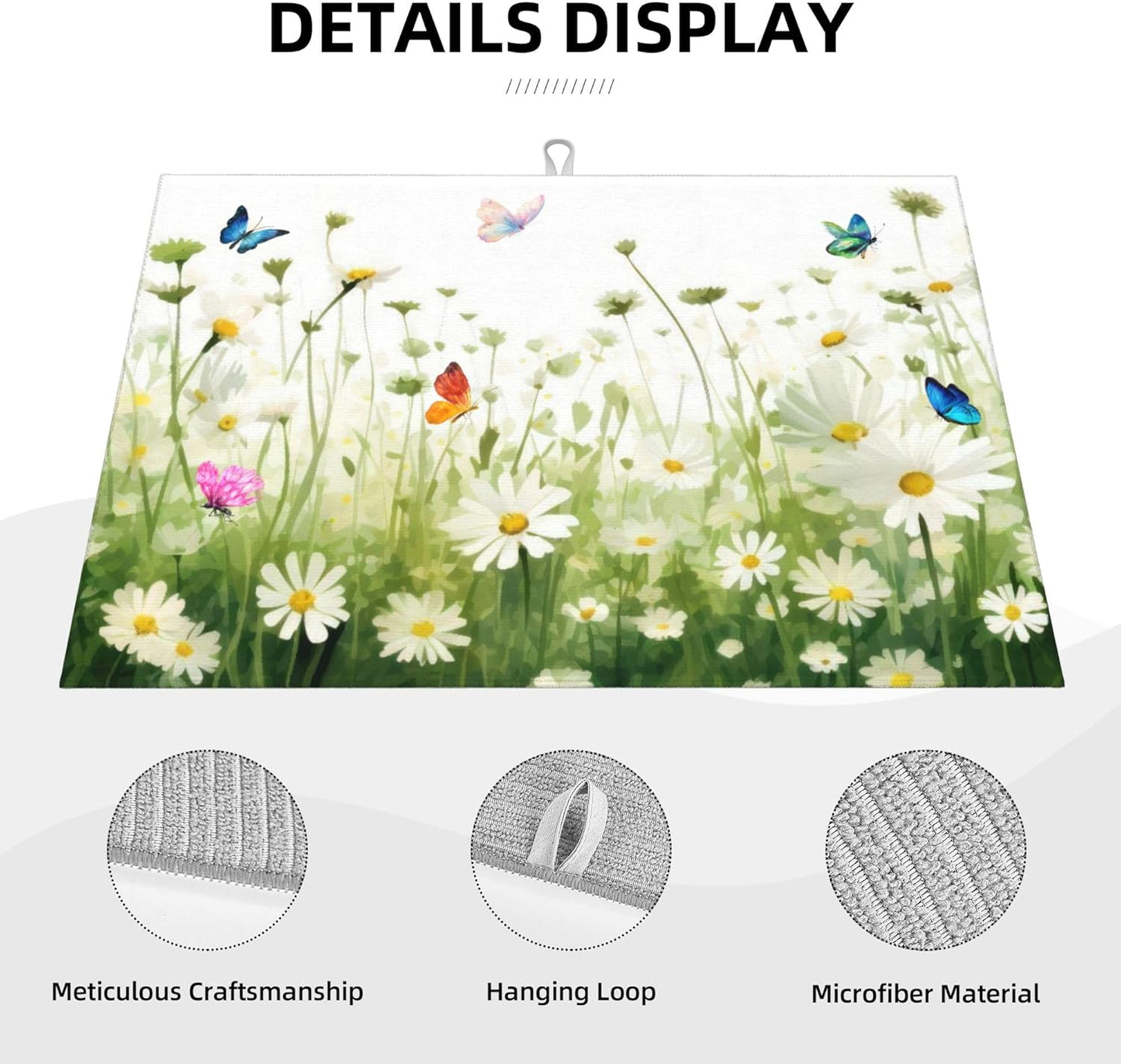 Vintage Watercolor Daisy Butterfly Dish Drying Mat for Kitchen Counter, 18"x24" Microfiber Absorbent Fast Dry Mat, 2Pcs Dish Mat Faucet Mats Sets, Large Drying Kitchen Mat Kitchen Drying Pad
