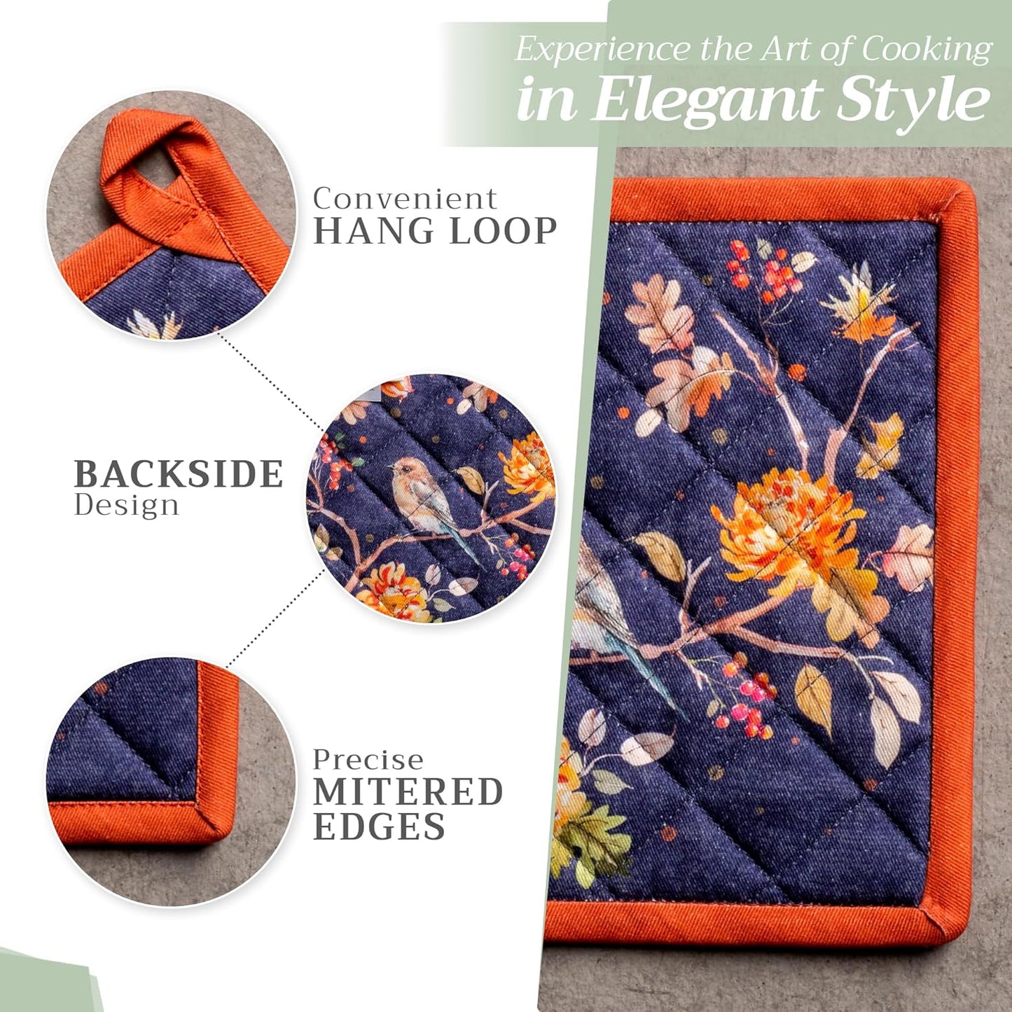 Maison d' Hermine 100% Cotton Oven Mitt & Pot Holder Set (7.5"x13" & 8"x8") Heat Resistant BBQ Cooking Gloves with Loop for Thanksgiving Christmas Decorations Handling Hot Pans (Kelim - Infinity)