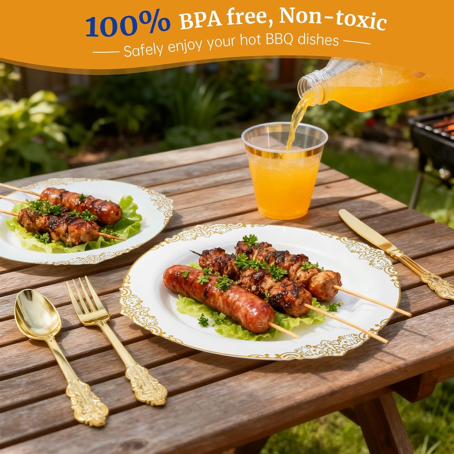 AIRE 350PCS Gold Plastic Plates for Party Supplies Dinnerware Sets for 50 Guests, Vintage Disposable Plastic Party Plates Cups Spoons Forks Knives Napkins for Wedding Birthday Christmas BBQ Parties